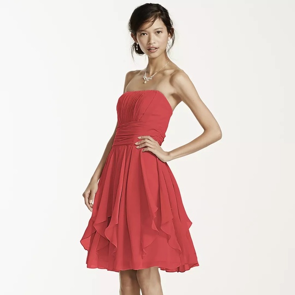 David’s Bridal Bridesmaid Dress Chiffon Guava Pink Size 2 Style F14169 - Picture 1 of 7
